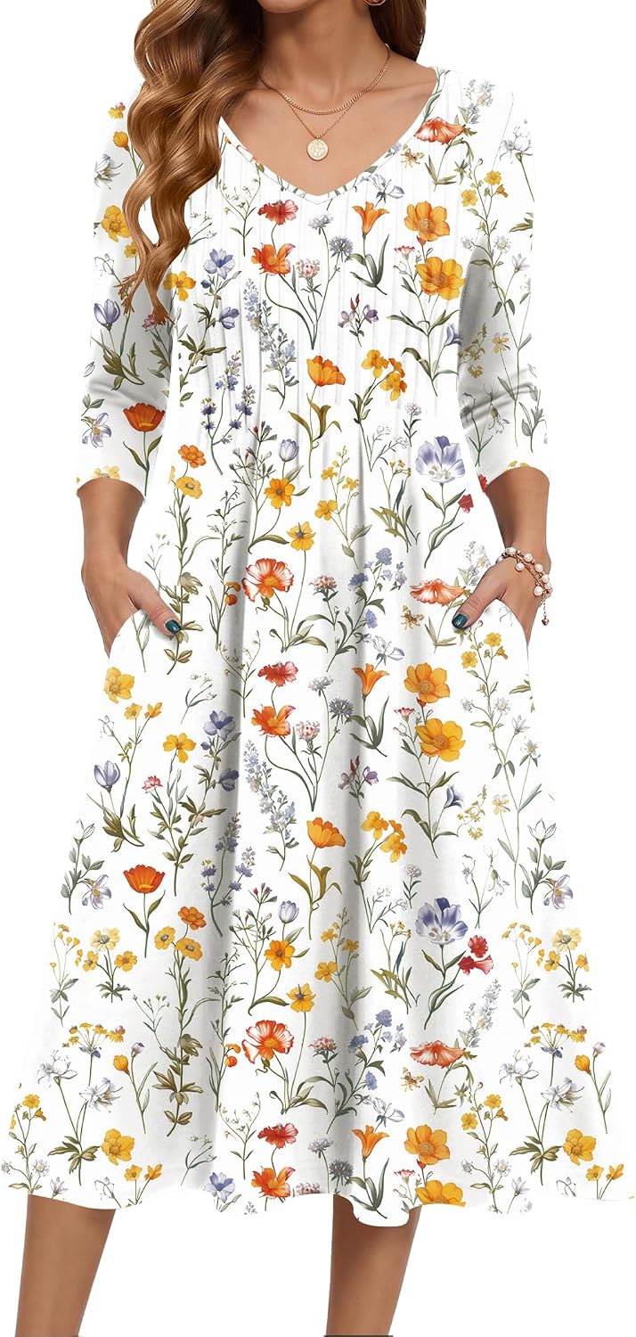 Zeagoo 3\/4 Sleeve Women's Dress Pleated Midi Casual Dresses with Pockets | For A More Flattering Fit, We Recommend Choosing One Size Smaller And Pairing It With Your Own Belt For Decoration.