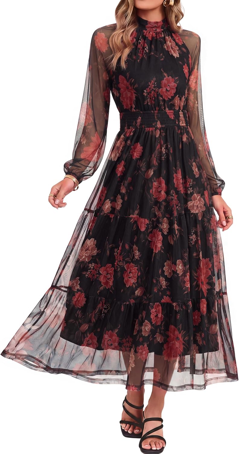 Simplee Womens Floral Wedding Guest Maxi Dress Flowy Mesh Fall Dress | Boho, Long Sleeve, Semi-Formal, Elastic Waist, Elegant, Baby Shower, Church, A-line