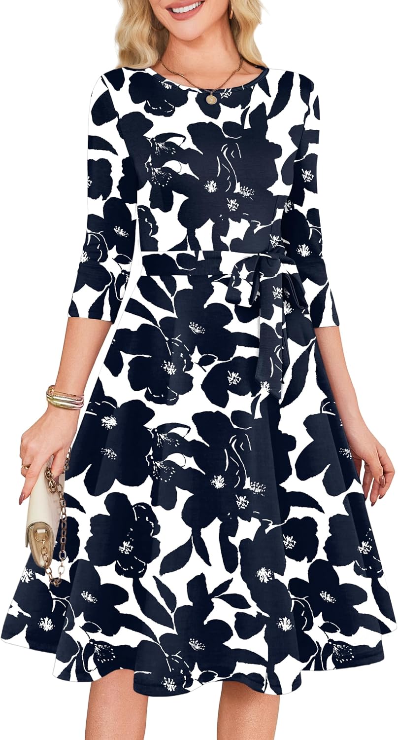 RUMIA Womens Cocktail Dresses 3\/4 Sleeve Dress with Belt (XS-3XL) | Wrinkle-resistant & Tummy-flattering Vintage Fit. Ideal for Wedding Guest, Church, Work, Vacation & Holiday events.