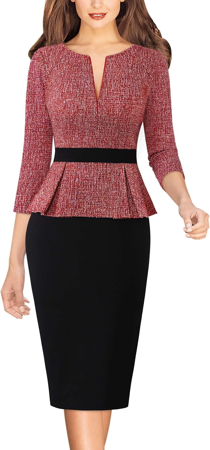 VFSHOW Womens Work Business Office Front Zipper Peplum Church Sheath Dress | 3\/4 Sleeves, Elegant, Spring Fall, Church, Funeral, Slimming Fitted Bodycon Dresses