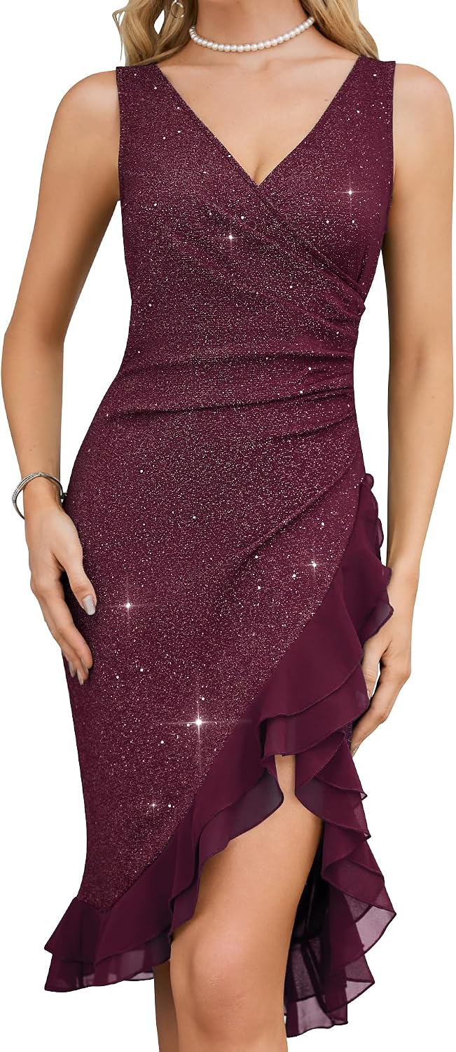 Women's V Neck Sleeveless Cocktail Dress Wrap Midi Ruffle Hem Wedding Dress | High Stretch,Ruched Bodycon,Asymmetric High Low Ruffle Hem,Midi Gown Wedding Guest Forma,Shimmer,Glitter Dress,Gala Dresses