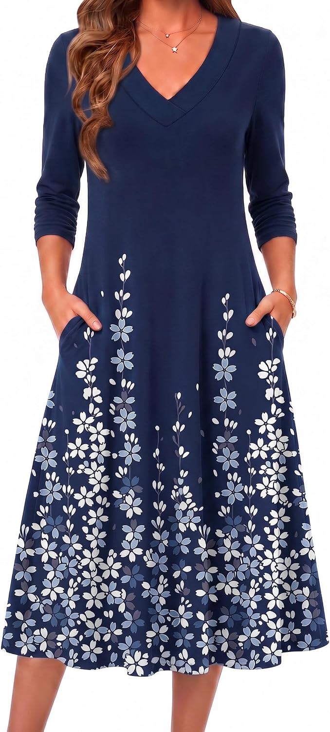 Zeagoo Dresses for Womens Long Sleeve Midi Dress Fall Casual A Line Dress | Fall Outfits 2026,V Neck Flare Dress with Pockets,Winter Long Dresses For Women,Floral Printed,Business Casual,Flowy Swing