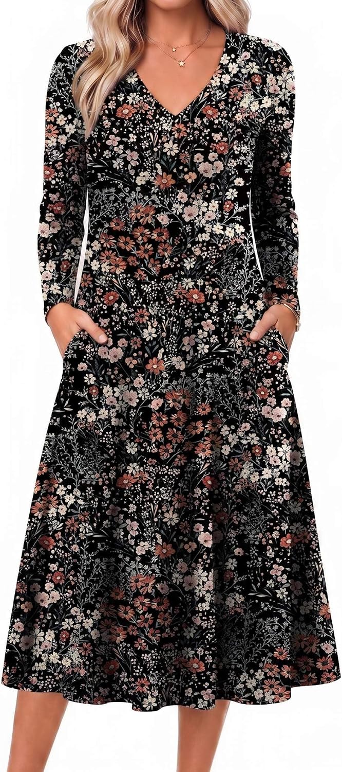 Zeagoo Dresses for Womens Long Sleeve Midi Dress Fall Casual A Line Dress | Fall Outfits 2026,V Neck Flare Dress with Pockets,Winter Long Dresses For Women,Floral Printed,Business Casual,Flowy Swing