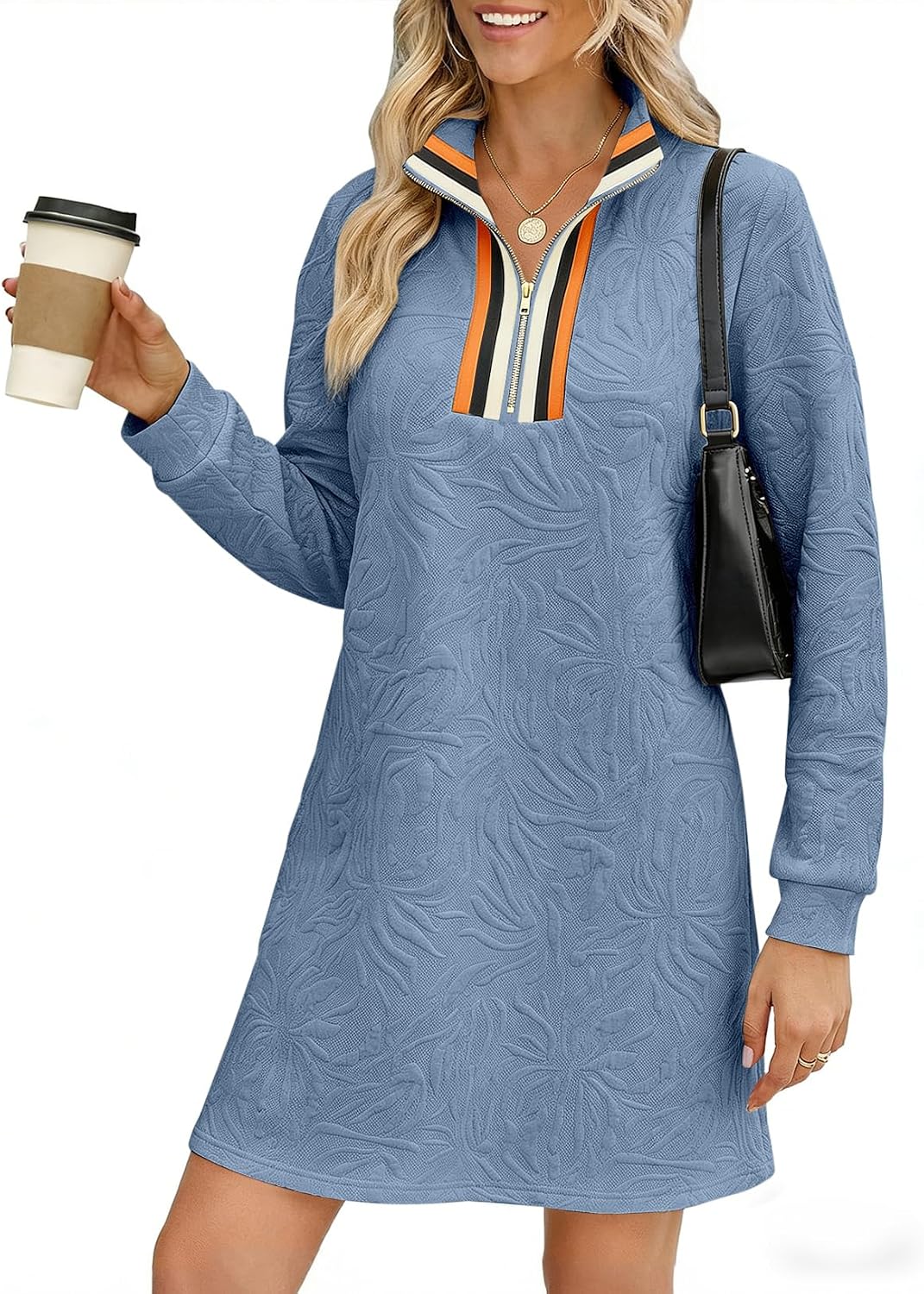 BLENCOT Women's Dress Zip Up Stand Neck Pullover Sweatshirt Mini Dresses | Stand Collar Textured Long Sleeve Mini Pullover Colorblock Mini Dress,Fall Work Daily School Teacher