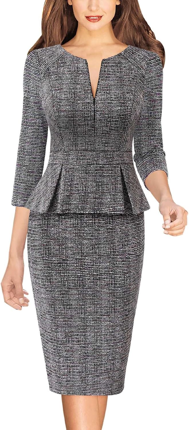 VFSHOW Womens Work Business Office Front Zipper Peplum Church Sheath Dress | 3\/4 Sleeves, Elegant, Spring Fall, Church, Funeral, Slimming Fitted Bodycon Dresses