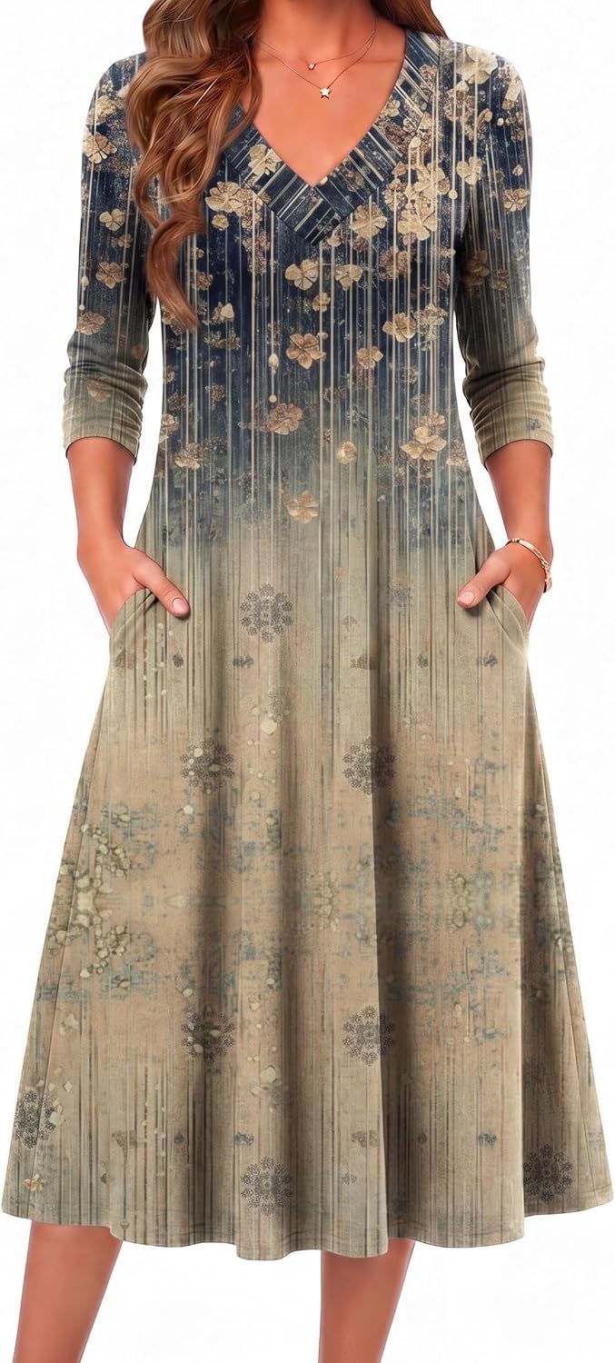 Zeagoo Dresses for Womens Long Sleeve Midi Dress Fall Casual A Line Dress | Fall Outfits 2026,V Neck Flare Dress with Pockets,Winter Long Dresses For Women,Floral Printed,Business Casual,Flowy Swing