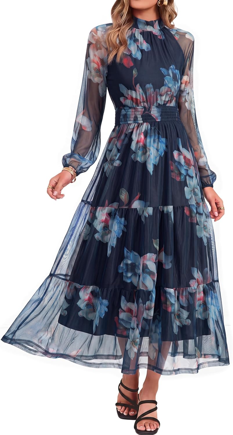 Simplee Womens Floral Wedding Guest Maxi Dress Flowy Mesh Fall Dress | Boho, Long Sleeve, Semi-Formal, Elastic Waist, Elegant, Baby Shower, Church, A-line