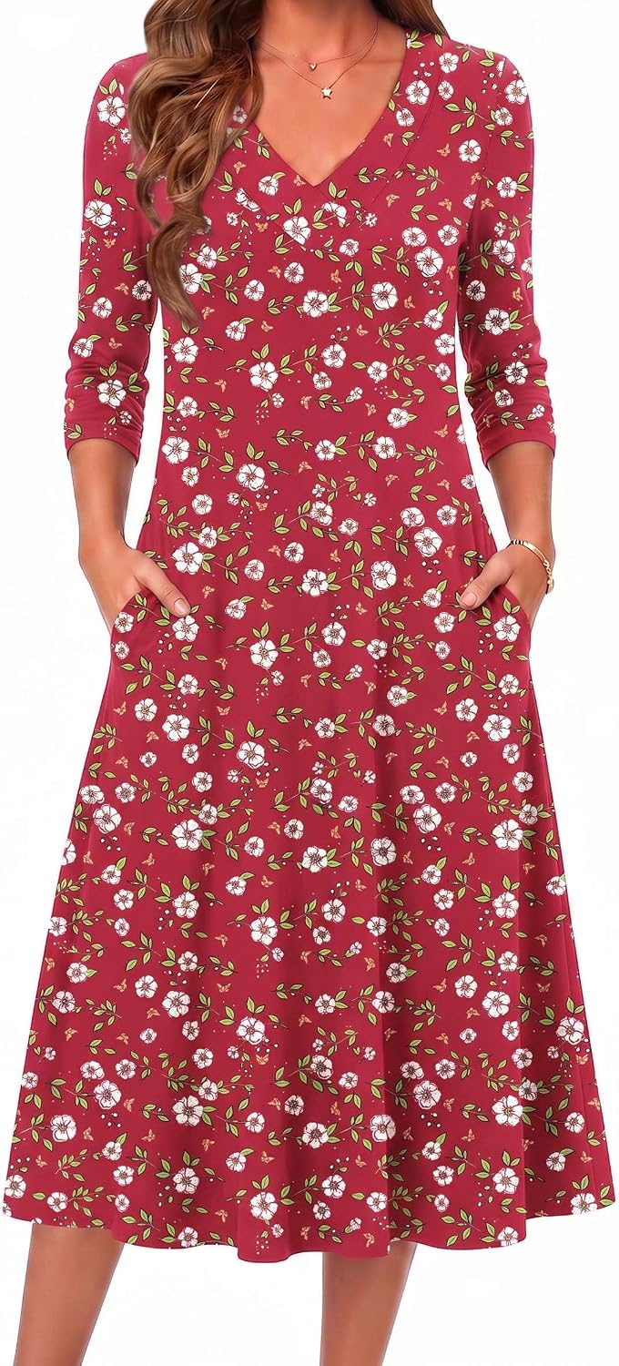 Zeagoo Dresses for Womens Long Sleeve Midi Dress Fall Casual A Line Dress | Fall Outfits 2026,V Neck Flare Dress with Pockets,Winter Long Dresses For Women,Floral Printed,Business Casual,Flowy Swing