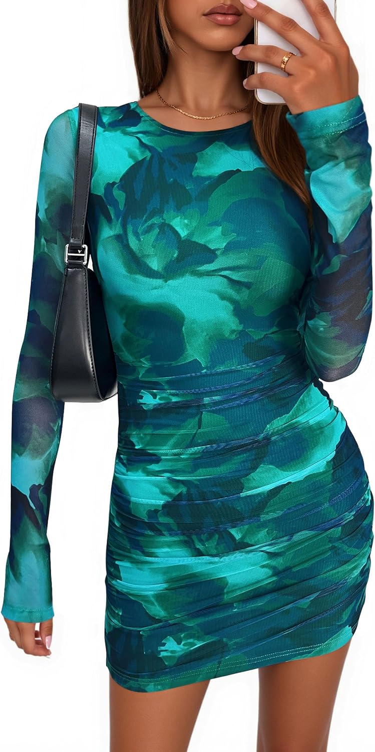 PRETTYGARDEN Mesh Mini Dresses for Women Long Sleeve | Fall Tie Dye Printed,Ruched Bodycon,Birthday Dinner,Night Out,Cocktail Party Club Outfits,Homecoming Going Out Dress