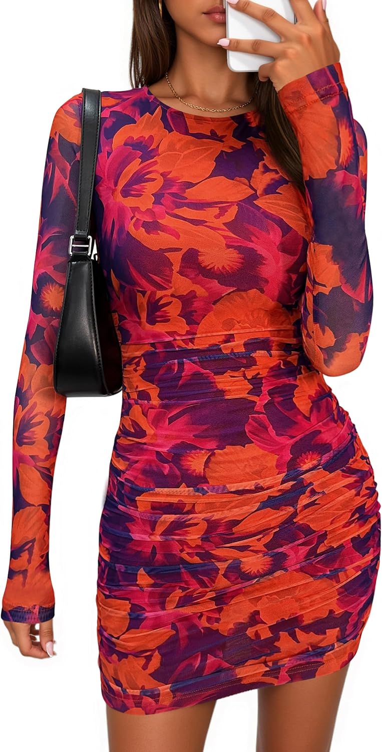PRETTYGARDEN Mesh Mini Dresses for Women Long Sleeve | Fall Tie Dye Printed,Ruched Bodycon,Birthday Dinner,Night Out,Cocktail Party Club Outfits,Homecoming Going Out Dress