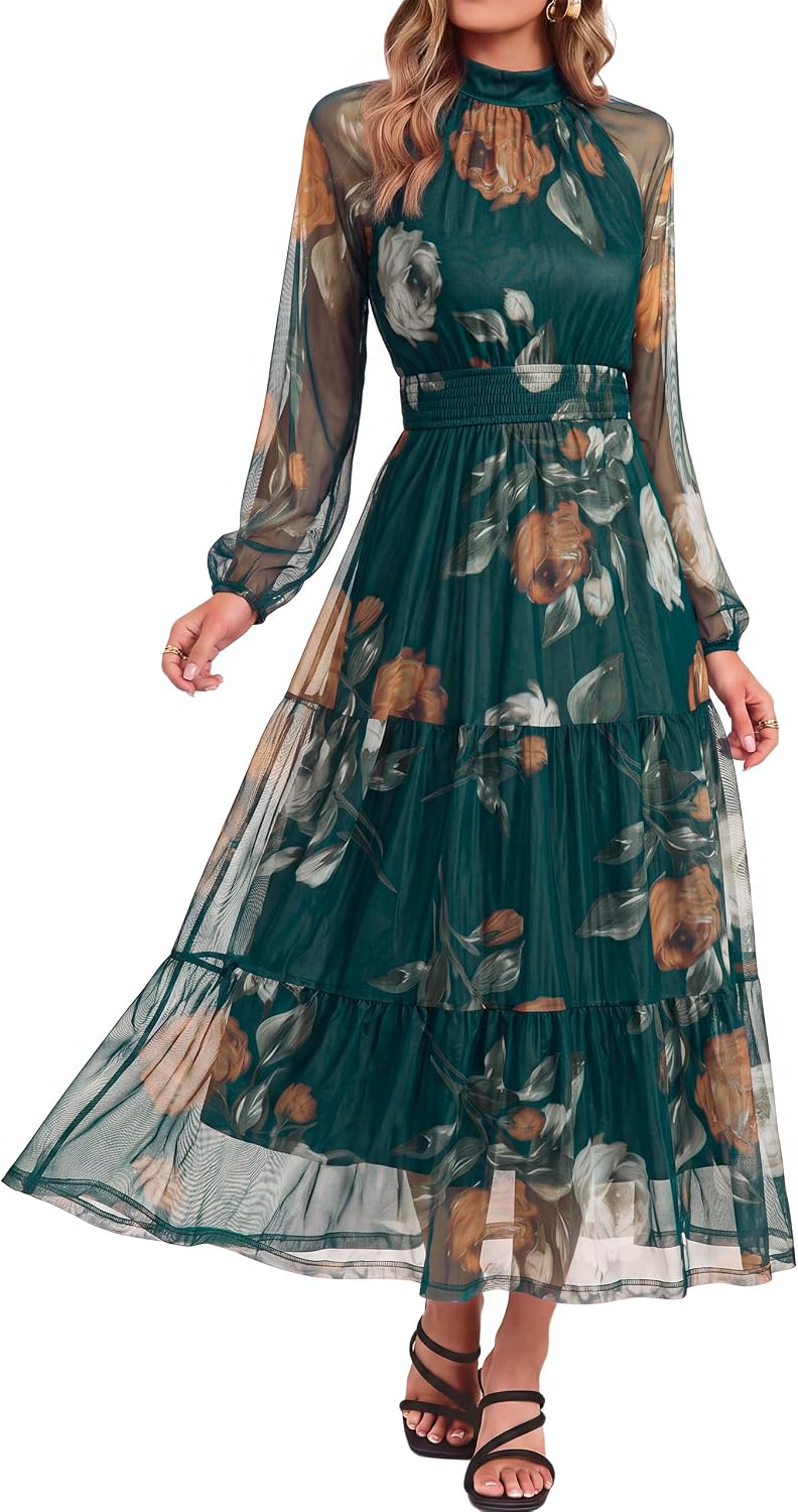 Simplee Womens Floral Wedding Guest Maxi Dress Flowy Mesh Fall Dress | Boho, Long Sleeve, Semi-Formal, Elastic Waist, Elegant, Baby Shower, Church, A-line