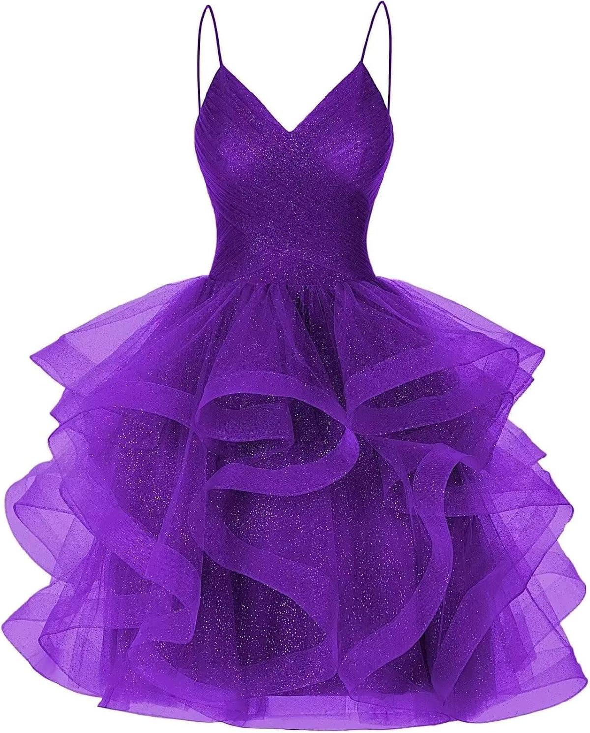 DKGOY Sparkly Tulle Homecoming Dresses for Teens Ruffle A-Line Short Prom Dress V Neck Cocktail Party Gown