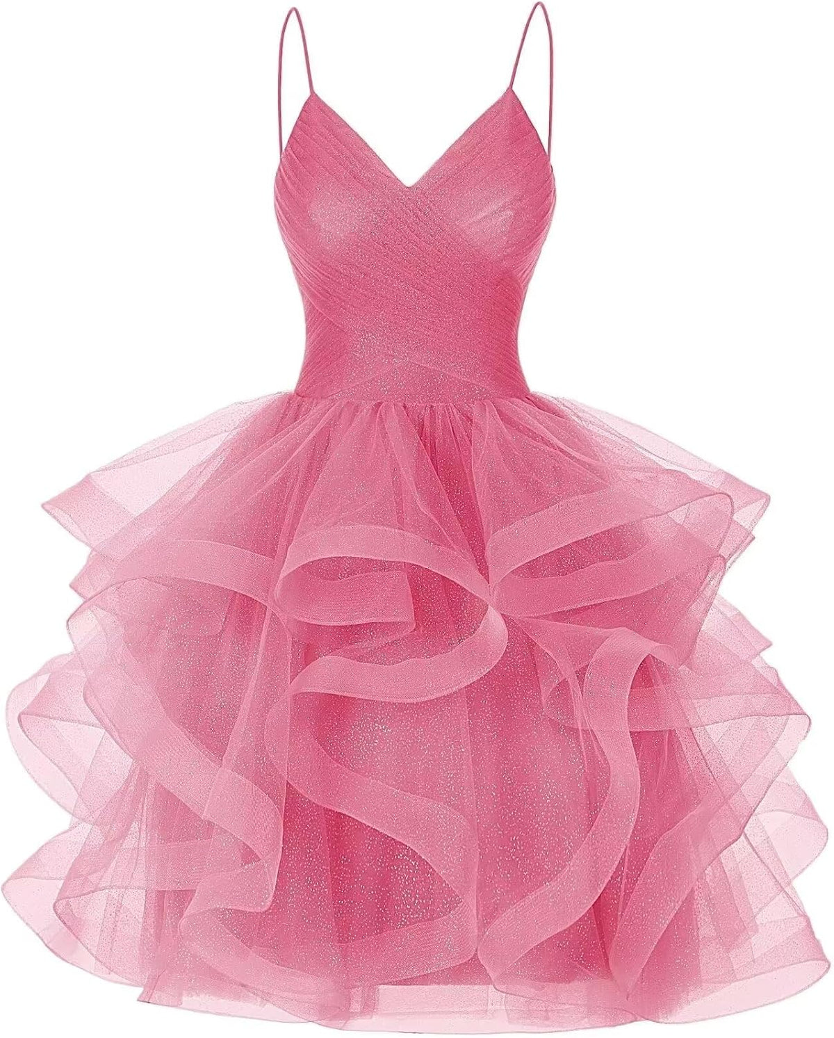 DKGOY Sparkly Tulle Homecoming Dresses for Teens Ruffle A-Line Short Prom Dress V Neck Cocktail Party Gown