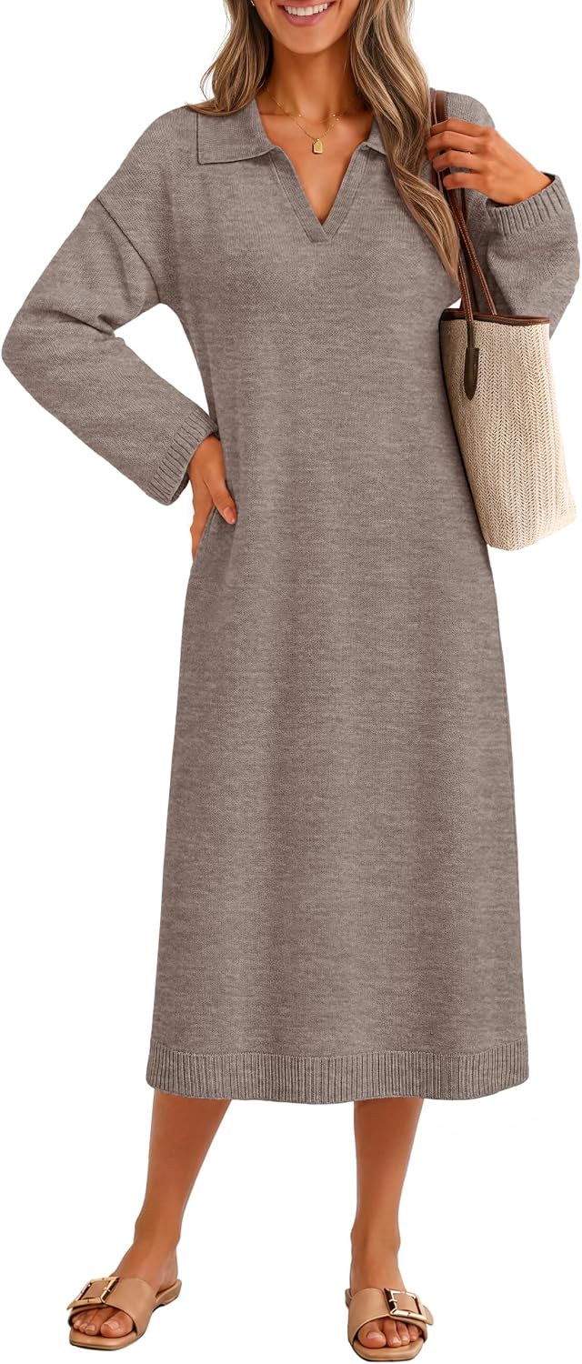 MEROKEETY Women's Fall Long Sleeve Midi Sweater Dress V Neck Knit Dresses | Loose Fit Maternity Dress, Stretchy Soft, Collared Teacher Outfit, Office Work, Daily Casual, Baby Shower, Winter Clothing