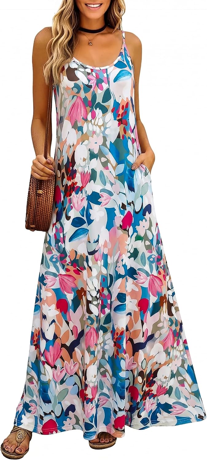 Supnier Women's Summer Spaghetti Strap V-Neck Bohemian Long Maxi Dress | Casual Loose Sleeveless Flowy Floral Long Maxi Dress with Pockets Beach Vacation Sundress
