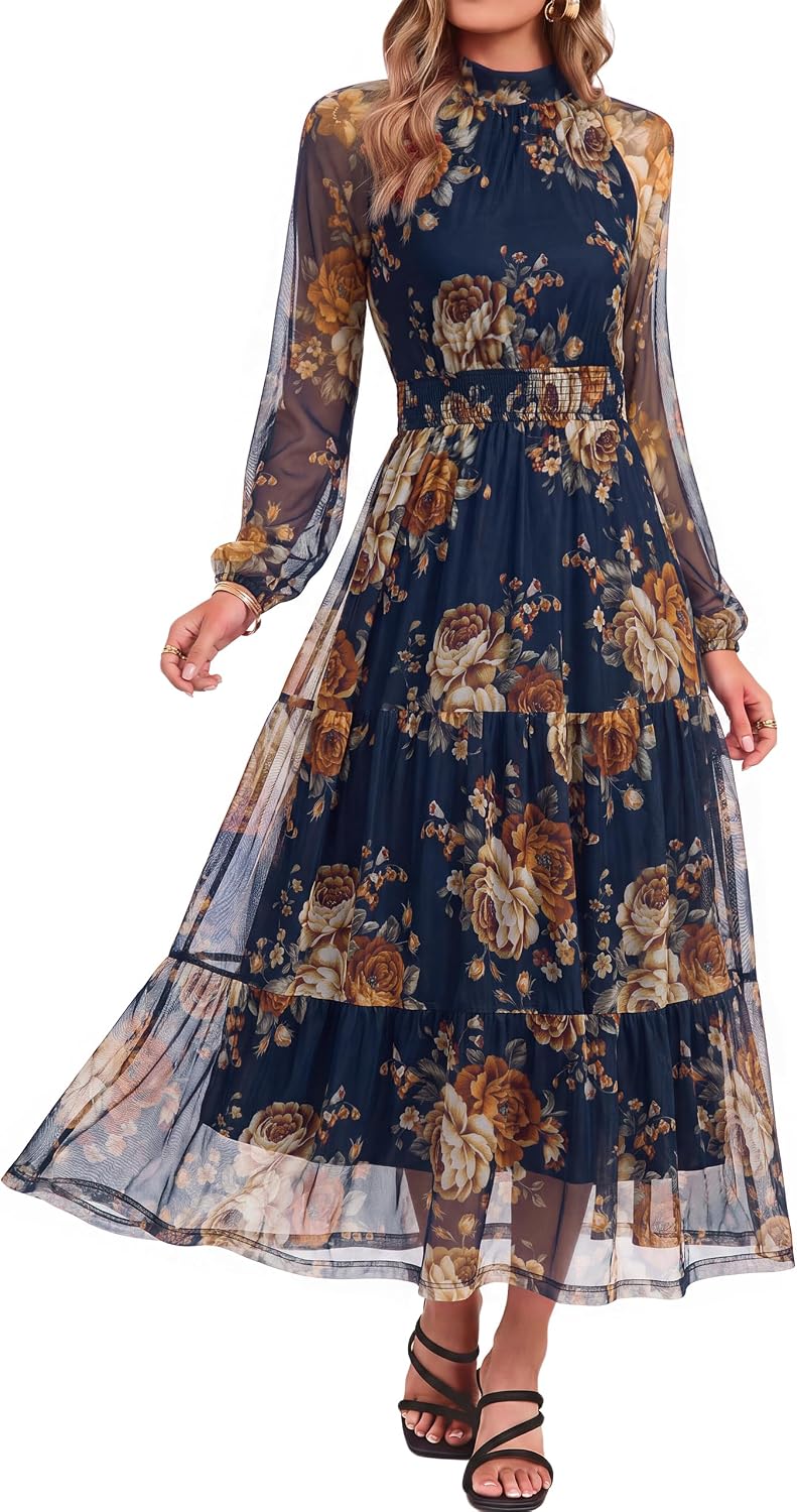 Simplee Womens Floral Wedding Guest Maxi Dress Flowy Mesh Fall Dress | Boho, Long Sleeve, Semi-Formal, Elastic Waist, Elegant, Baby Shower, Church, A-line