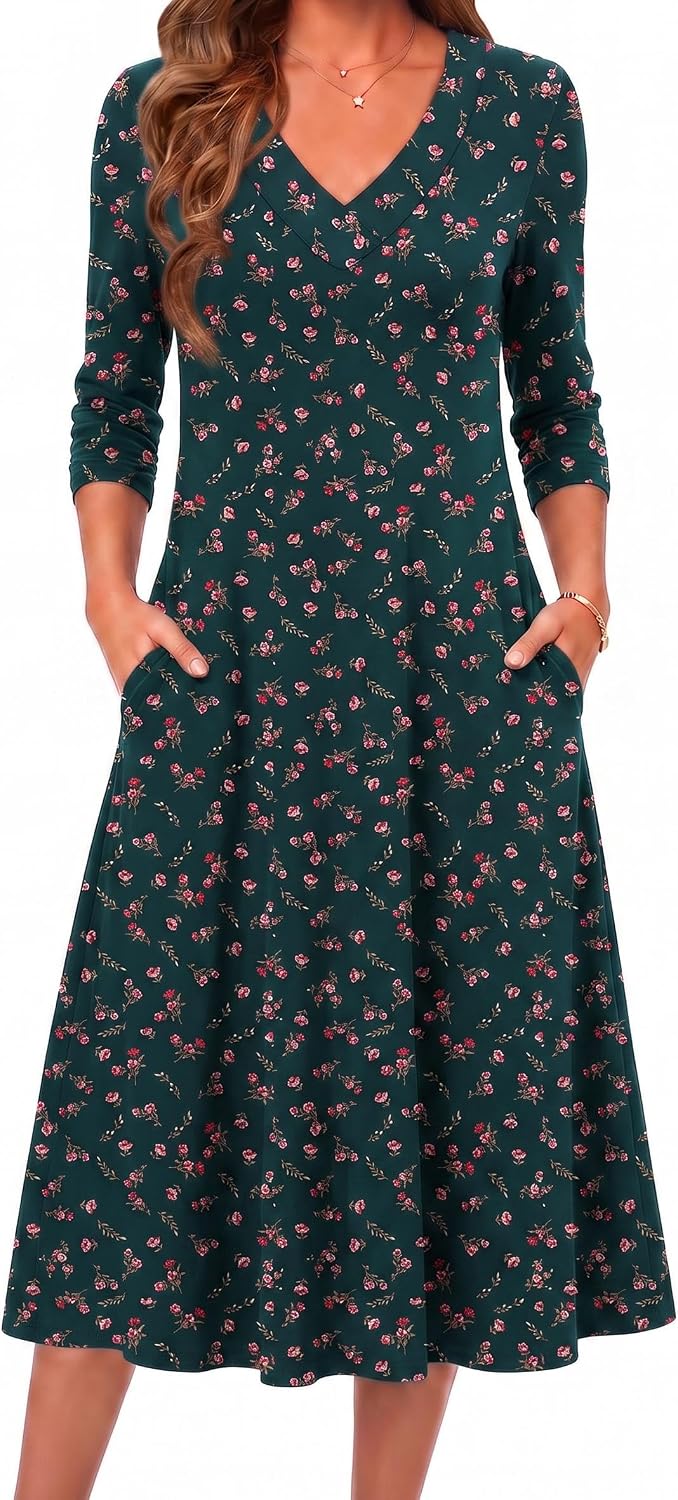 Zeagoo Dresses for Womens Long Sleeve Midi Dress Fall Casual A Line Dress | Fall Outfits 2026,V Neck Flare Dress with Pockets,Winter Long Dresses For Women,Floral Printed,Business Casual,Flowy Swing