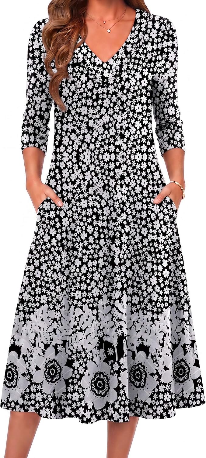 Zeagoo Dresses for Womens Long Sleeve Midi Dress Fall Casual A Line Dress | Fall Outfits 2026,V Neck Flare Dress with Pockets,Winter Long Dresses For Women,Floral Printed,Business Casual,Flowy Swing