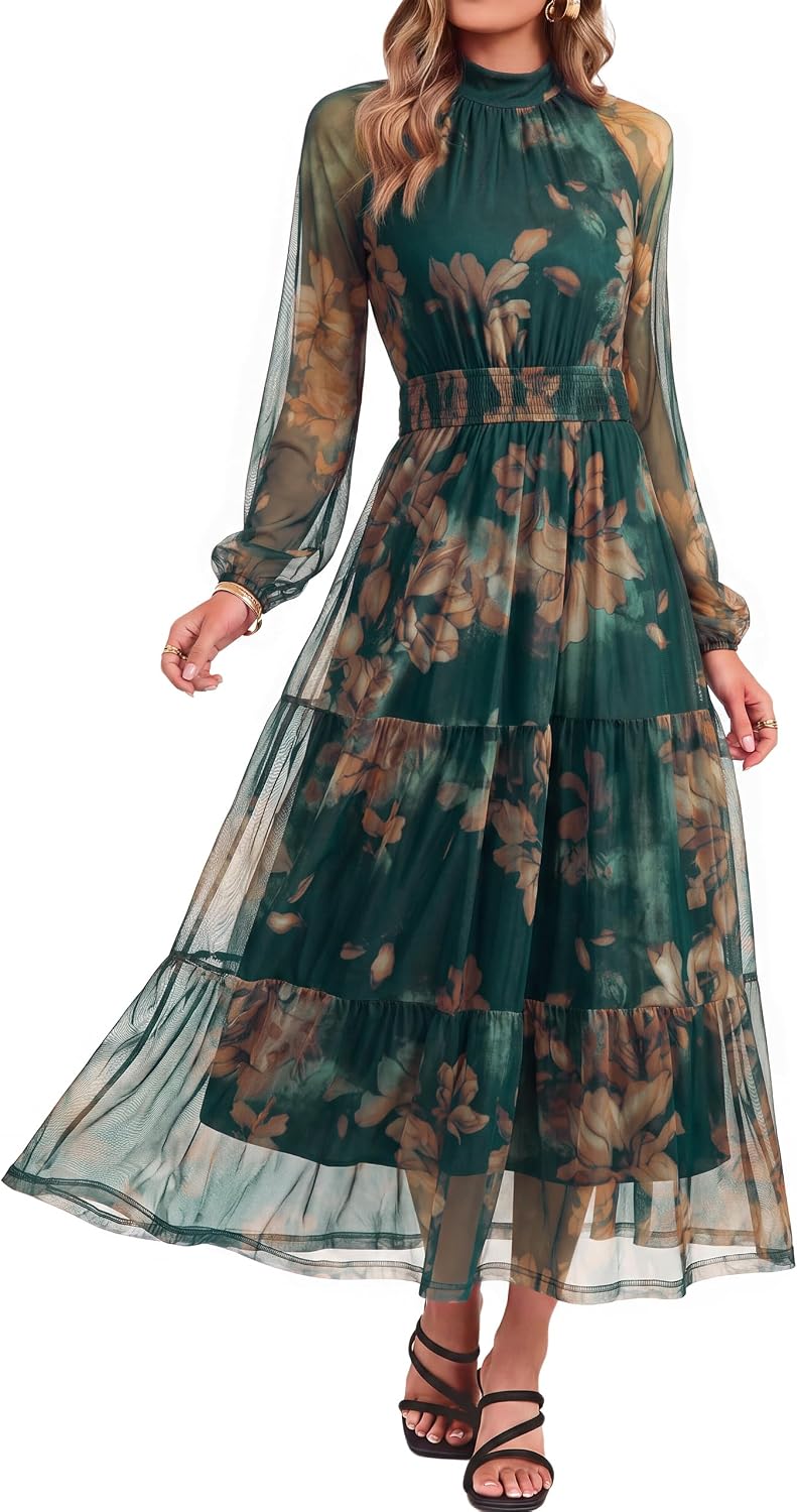 Simplee Womens Floral Wedding Guest Maxi Dress Flowy Mesh Fall Dress | Boho, Long Sleeve, Semi-Formal, Elastic Waist, Elegant, Baby Shower, Church, A-line
