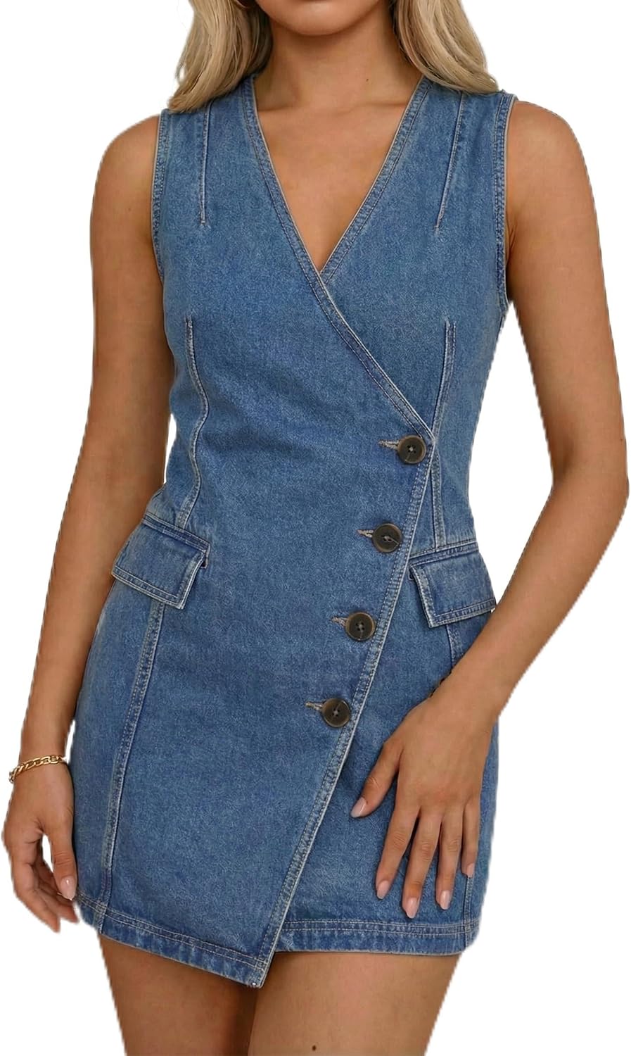 Denim Dress for Women Sleeveless V Neck A-Line Casual Summer Button Down Wrap Mini Jean Dress