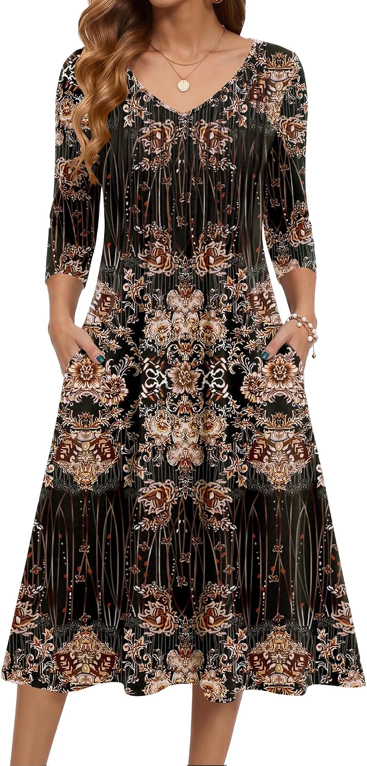 Zeagoo 3\/4 Sleeve Women's Dress Pleated Midi Casual Dresses with Pockets | For A More Flattering Fit, We Recommend Choosing One Size Smaller And Pairing It With Your Own Belt For Decoration.