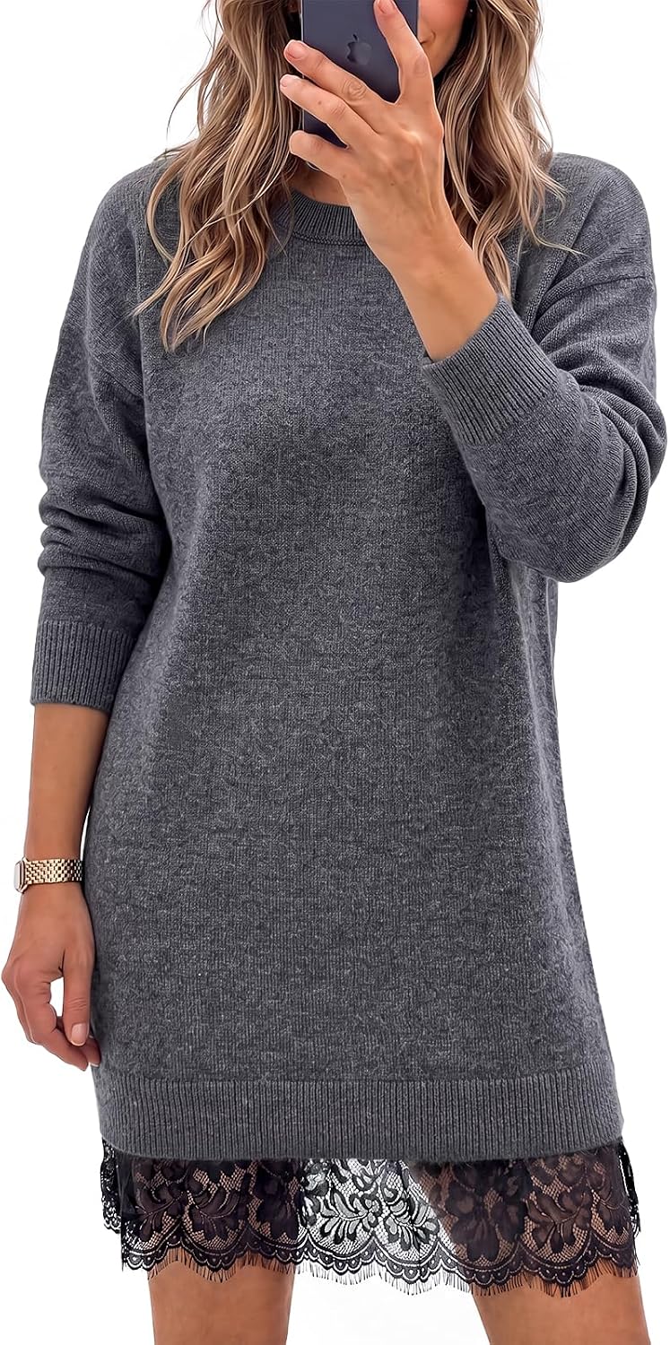 Wenrine Womens Fall Long Sleeve Lace Casual Knit Sweater Mini Dress | Paisley Print, Long Sleeve, Crew Neck, Knit, Loose Fit, Patchwork, High Waist, Quiet Luxury, Short Dress, Casual, Mini