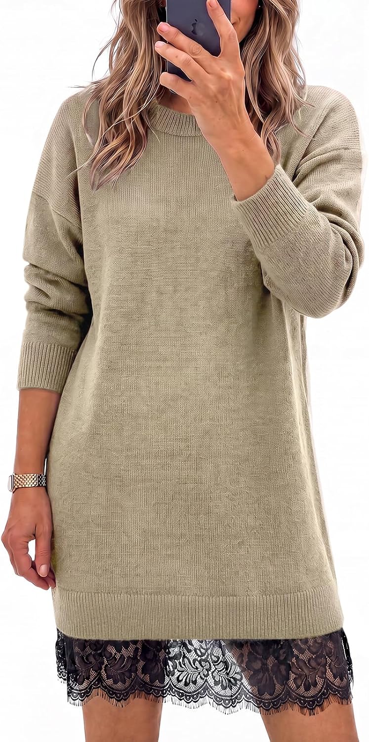 Wenrine Womens Fall Long Sleeve Lace Casual Knit Sweater Mini Dress | Paisley Print, Long Sleeve, Crew Neck, Knit, Loose Fit, Patchwork, High Waist, Quiet Luxury, Short Dress, Casual, Mini