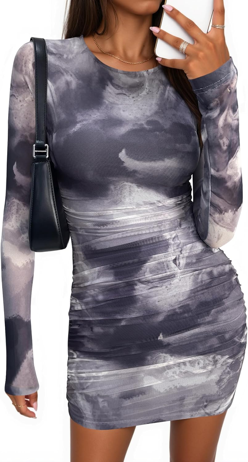 PRETTYGARDEN Mesh Mini Dresses for Women Long Sleeve | Fall Tie Dye Printed,Ruched Bodycon,Birthday Dinner,Night Out,Cocktail Party Club Outfits,Homecoming Going Out Dress