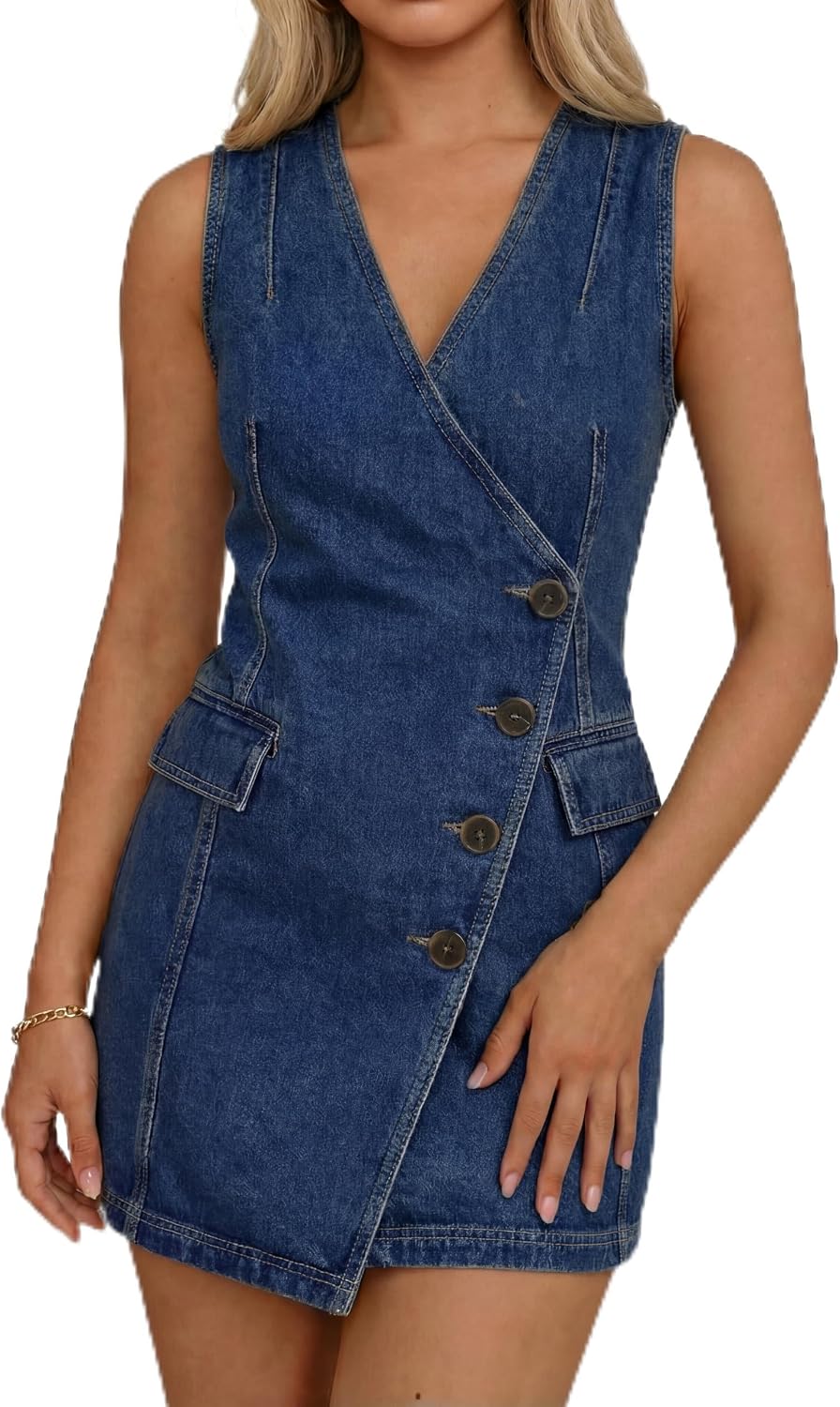 Denim Dress for Women Sleeveless V Neck A-Line Casual Summer Button Down Wrap Mini Jean Dress