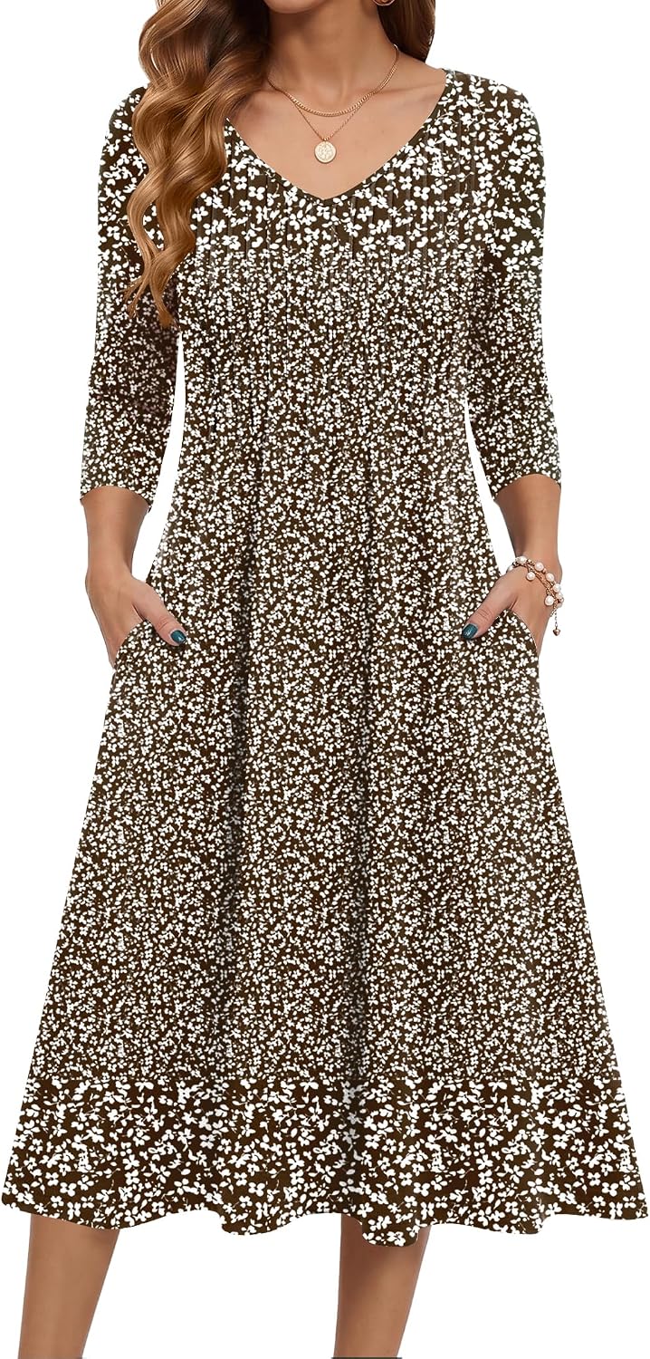 Zeagoo 3\/4 Sleeve Women's Dress Pleated Midi Casual Dresses with Pockets | For A More Flattering Fit, We Recommend Choosing One Size Smaller And Pairing It With Your Own Belt For Decoration.