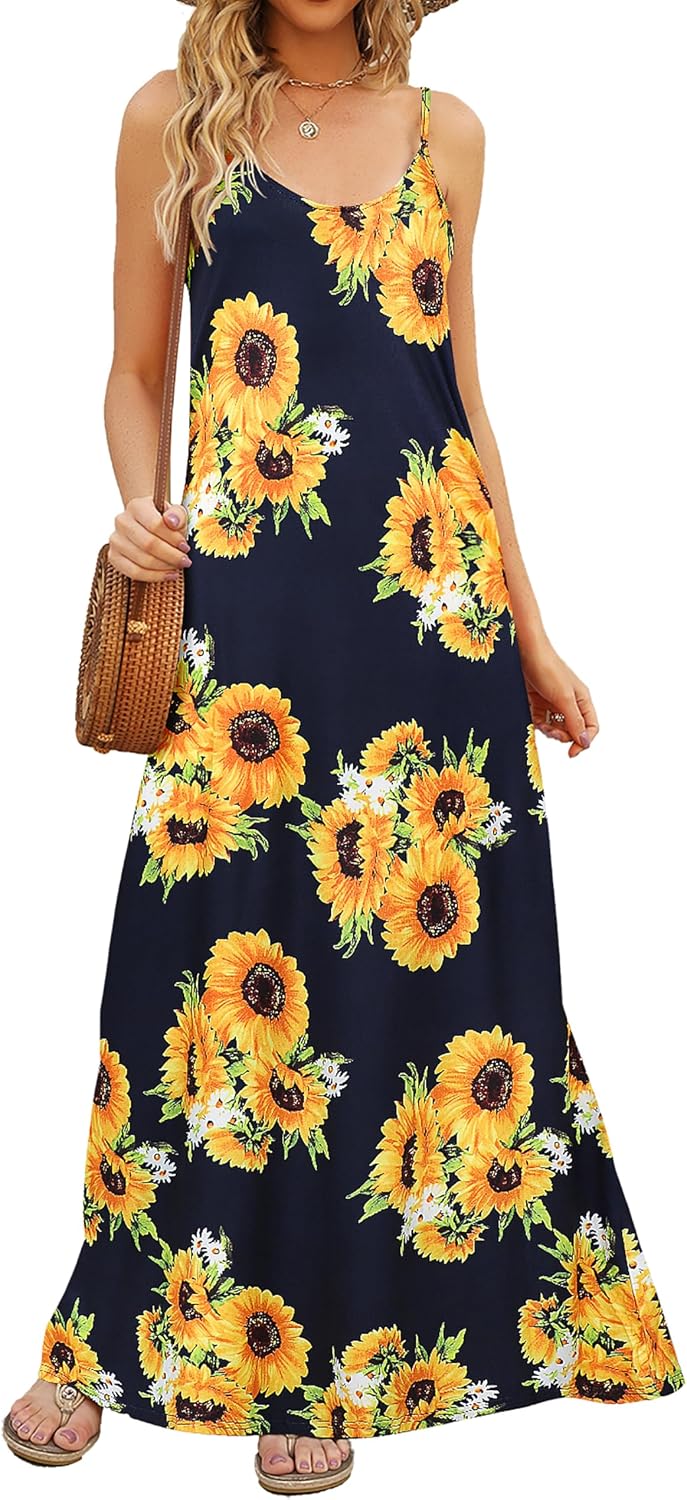 Supnier Women's Summer Spaghetti Strap V-Neck Bohemian Long Maxi Dress | Casual Loose Sleeveless Flowy Floral Long Maxi Dress with Pockets Beach Vacation Sundress