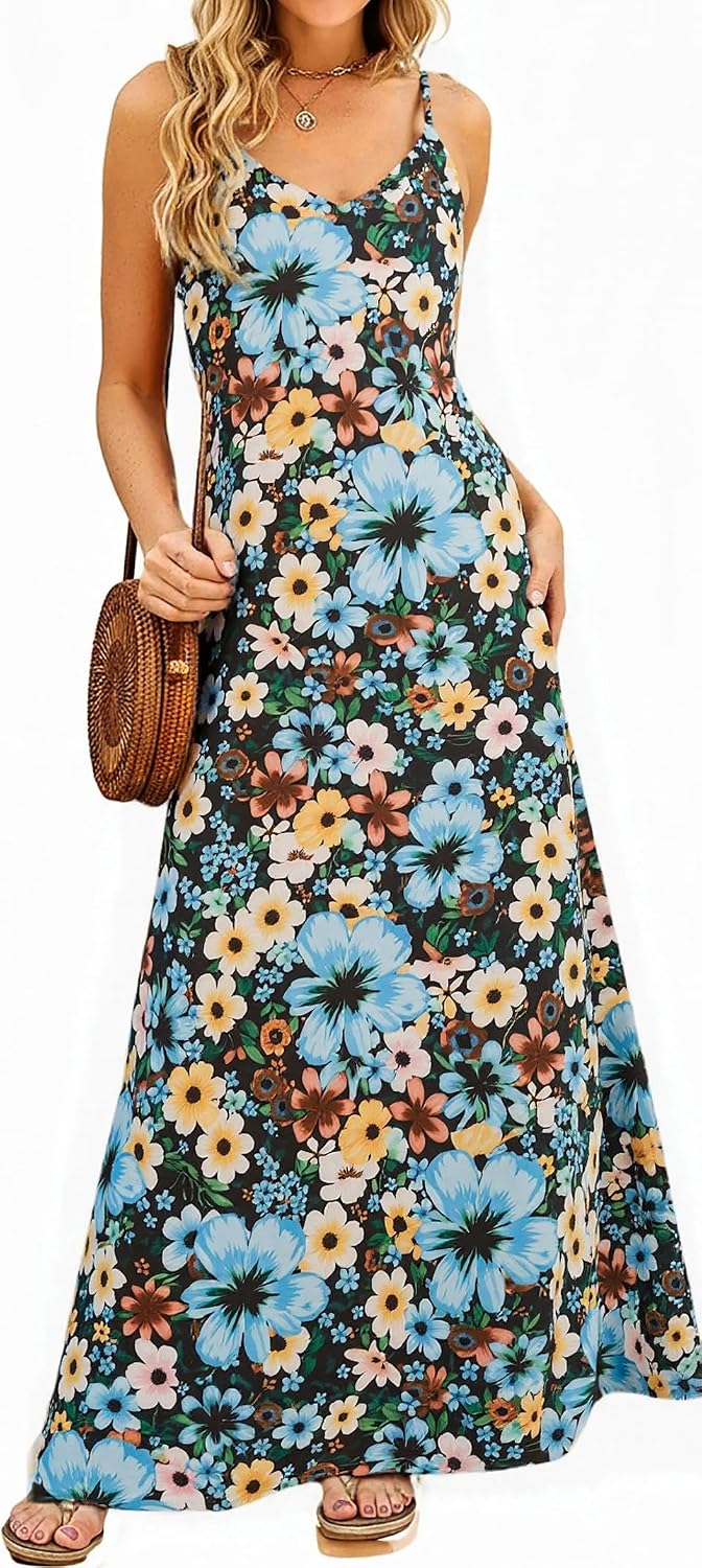 Supnier Women's Summer Spaghetti Strap V-Neck Bohemian Long Maxi Dress | Casual Loose Sleeveless Flowy Floral Long Maxi Dress with Pockets Beach Vacation Sundress