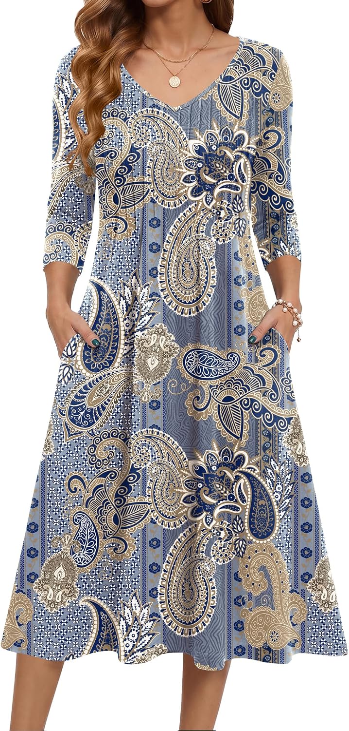 Zeagoo 3\/4 Sleeve Women's Dress Pleated Midi Casual Dresses with Pockets | For A More Flattering Fit, We Recommend Choosing One Size Smaller And Pairing It With Your Own Belt For Decoration.