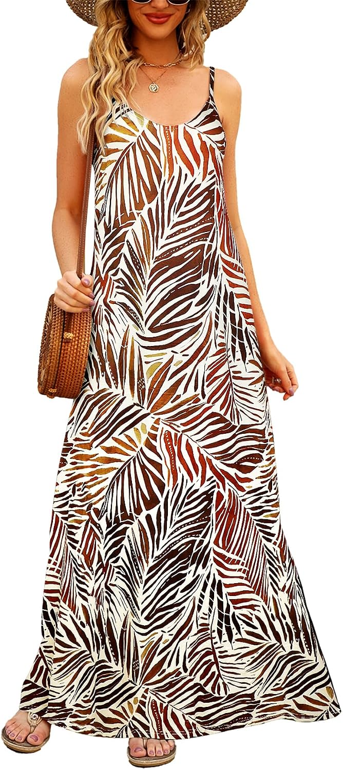 Supnier Women's Summer Spaghetti Strap V-Neck Bohemian Long Maxi Dress | Casual Loose Sleeveless Flowy Floral Long Maxi Dress with Pockets Beach Vacation Sundress