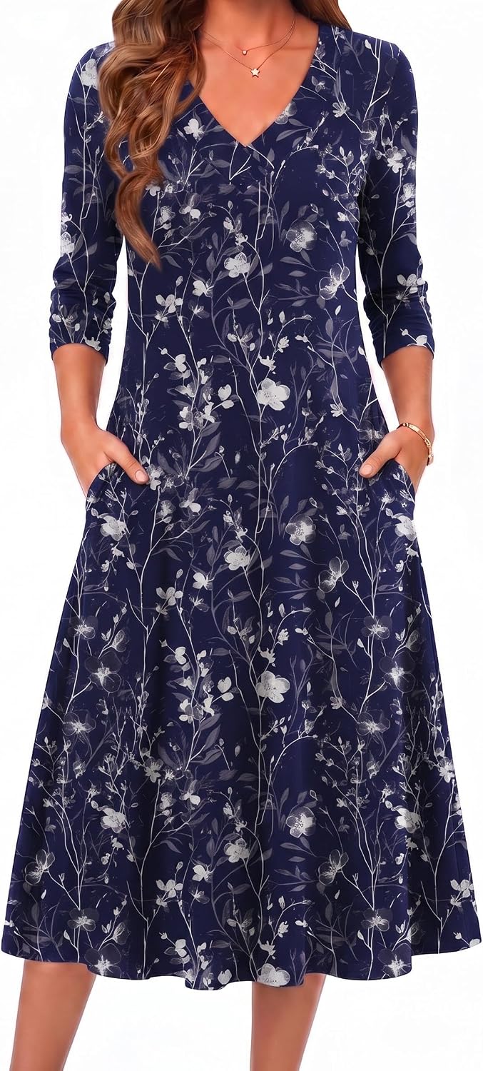 Zeagoo Dresses for Womens Long Sleeve Midi Dress Fall Casual A Line Dress | Fall Outfits 2026,V Neck Flare Dress with Pockets,Winter Long Dresses For Women,Floral Printed,Business Casual,Flowy Swing