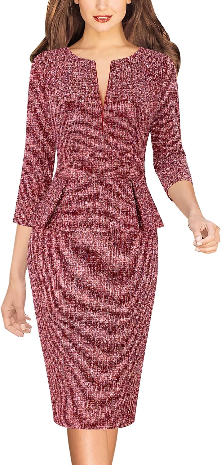 VFSHOW Womens Work Business Office Front Zipper Peplum Church Sheath Dress | 3\/4 Sleeves, Elegant, Spring Fall, Church, Funeral, Slimming Fitted Bodycon Dresses