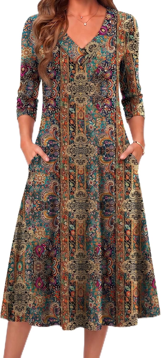 Zeagoo Dresses for Womens Long Sleeve Midi Dress Fall Casual A Line Dress | Fall Outfits 2026,V Neck Flare Dress with Pockets,Winter Long Dresses For Women,Floral Printed,Business Casual,Flowy Swing