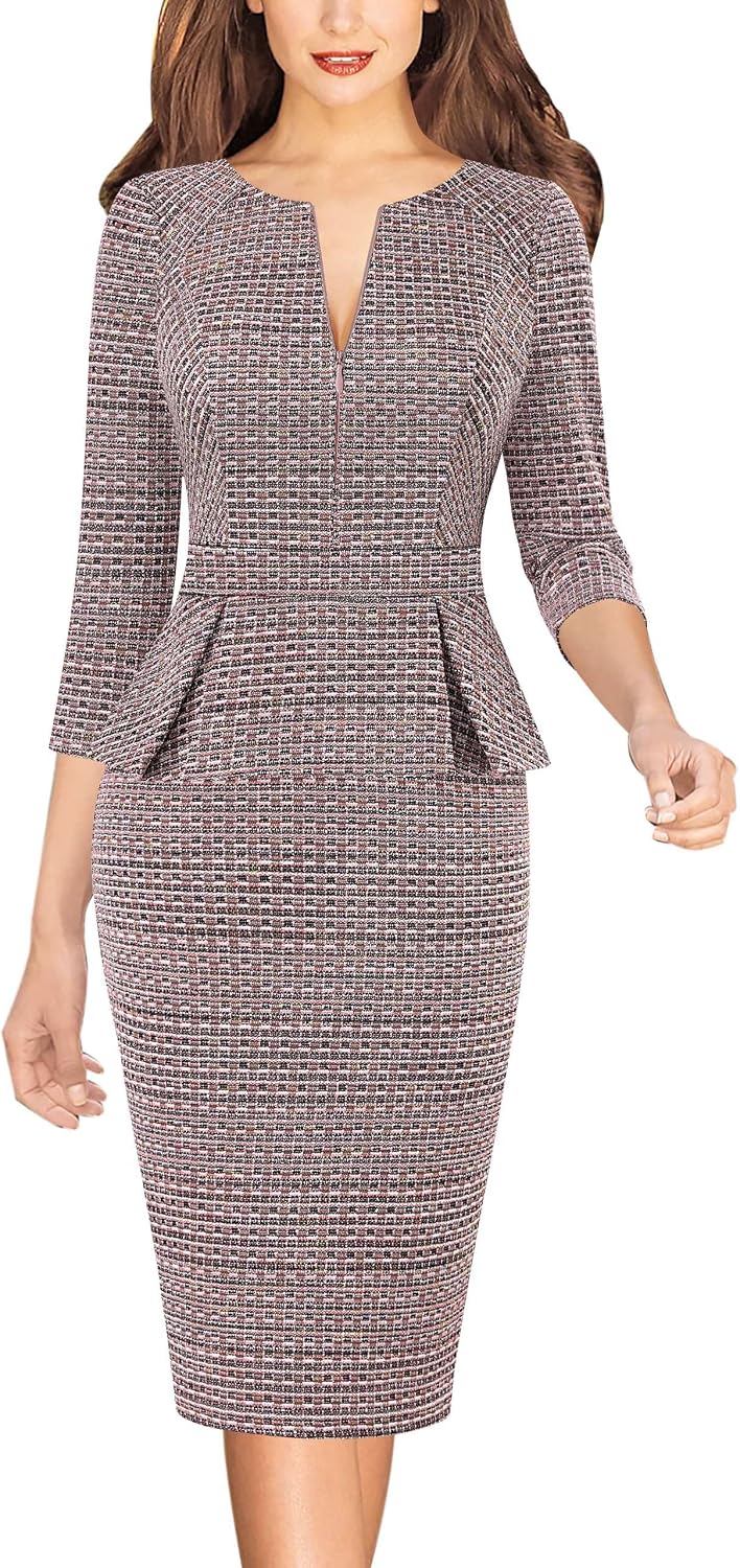 VFSHOW Womens Work Business Office Front Zipper Peplum Church Sheath Dress | 3\/4 Sleeves, Elegant, Spring Fall, Church, Funeral, Slimming Fitted Bodycon Dresses